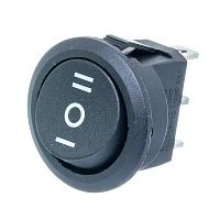 Выключатель клавишный (рокерный) круглый 220В, 3 контакта (on-off-on), d 20мм, черный