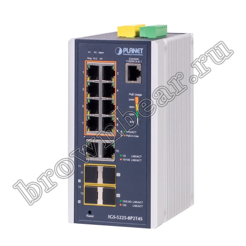 IGS-5225-8P2T4S Промышленный управляемый L2+ коммутатор Planet, 8 портов PoE 1Гбит/с, 2 порта 1Гбит/с, 2 порта SFP 1Гбит/с, 2 порта SFP 2.5Гбит/с