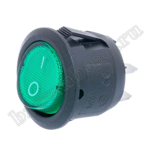 Выключатель клавишный (рокерный) круглый 220В, 2 контакта (on-off), d 20мм, зеленый SWR-21G