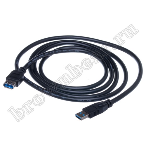 Кабель интерфейсный USB 3.0, type А - type A, вилка - гнездо, черный, 1.8 метра