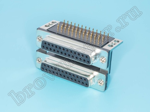 Разъем D-SUB  спаренный 25 контактов, гнездо-гнездо на плату, прямой угол DRN-25F/25F-A